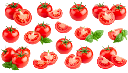 Fresh red tomatoes, sliced and whole, with vibrant green basil leaves