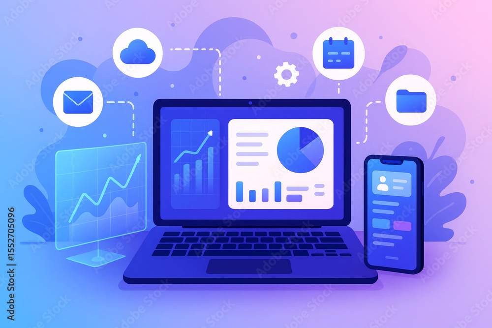 Poster laptop displaying bar charts pie charts and line graphs connected to smartphone showing profile data