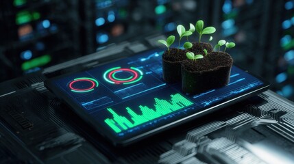 Tablet displaying green and red circular graphs and bar chart on dark electronic circuit board with sprouting seedlings in small pots, set in a high-tech server room with blue and orange lights.