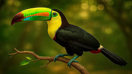 Fototapeta premium Rainbow-Billed Toucan Perched Calmly on a Tree Branch in the Tropical Forest.