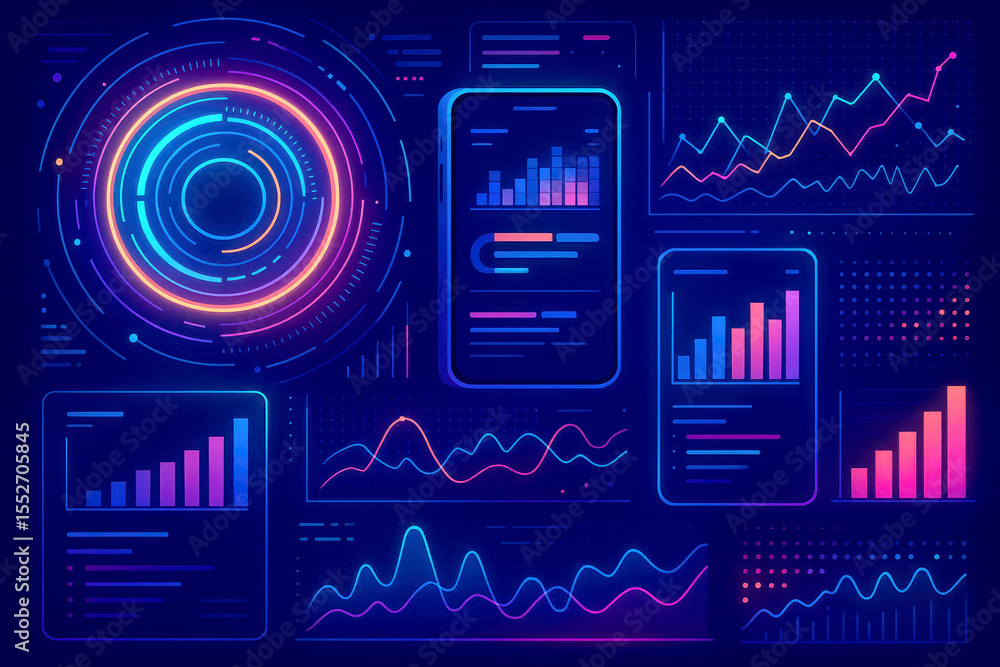 Poster neon blue pink data visualization charts graphs infographic interface screen display