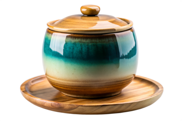 Elegant Teal and Brown Ceramic Jar with Wooden Tray Perfect for Home Decor or Tea Ceremony