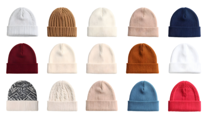 Assorted Knit Beanies: A Colorful Collection of Winter Headwear in Various Textures