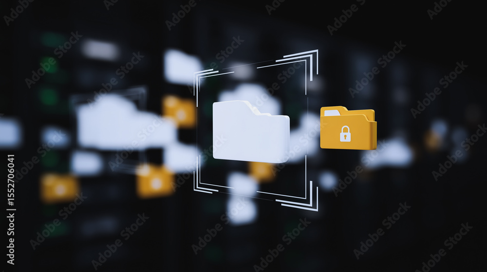 Poster secure cloud data: an abstract representation of secure cloud data storage, depicting digital files,