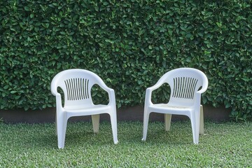 Two white plastic chairs in a grassy area, a dense hedge of green foliage behind them