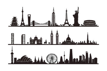 Iconic Cityscapes in Silhouette: A stunning series of city skyline silhouettes showcase famous landmarks from around the world, representing diverse architectural marvels against a clean background.