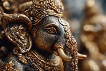 Obraz premium Detailed view of a richly adorned Ganesh sculpture in intricate detail.