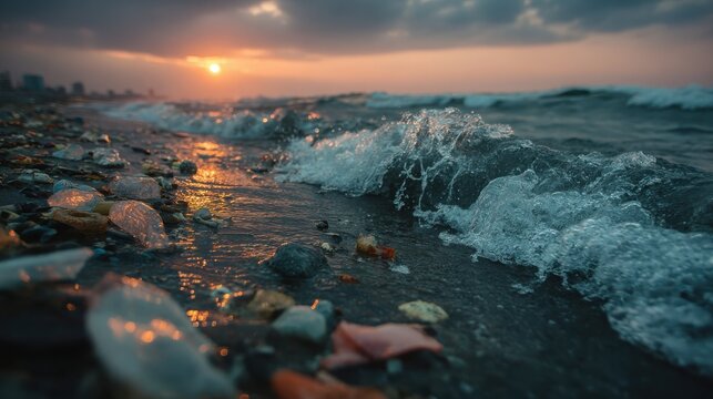 A vibrant sunset over a rocky shoreline with waves crashing gently, reflecting the golden light and distant cityscape under a cloudy sky. - Powered by Adobe