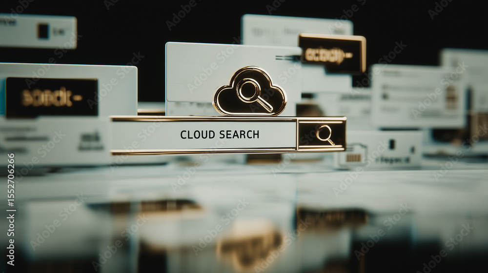 Poster cloud search interface: a stylized, futuristic cloud search interface with floating data windows and