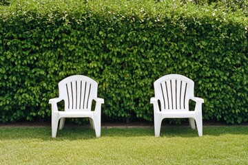 Two white plastic chairs facing a lush green hedge