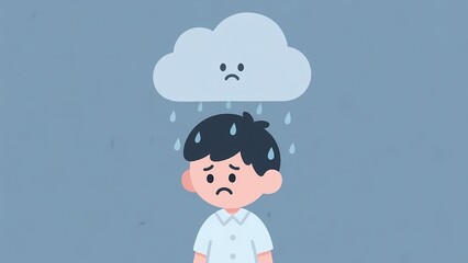Cartoon Illustration of a Sad Boy Under a Rain Cloud Feeling Down.