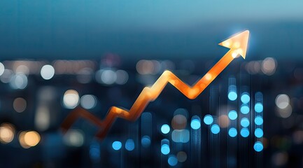 Glowing upward trend graph over a city skyline at night