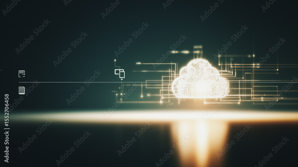Poster cloud computing abstract: a luminous cloud icon against a futuristic, digitized backdrop represents 