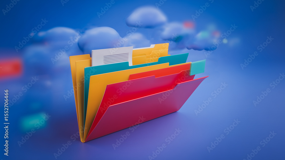 Poster digital storage and organization: a vibrant assortment of folders represents data management in a di