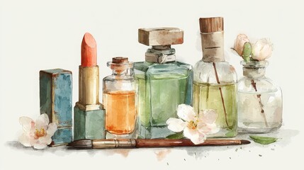 A watercolor illustration of various perfume bottles, a lipstick, a makeup brush, and delicate white flowers arranged on a light surface.