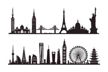 Iconic Global Skylines: A striking compilation of celebrated global cityscapes, presenting renowned architectural marvels from various continents, ideal for illustrating travel, culture.