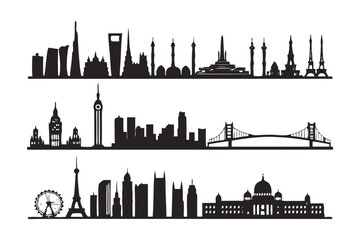 Fototapeta premium World Skyline Silhouette Collection: Capturing the essence of global cities through minimalistic silhouette, offering a sense of urban exploration, travel.
