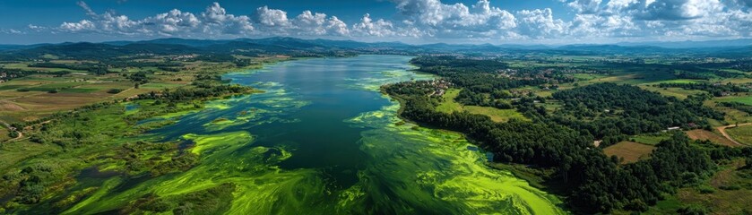 Fototapeta premium A panoramic aerial view of a lush wetland with green algae-covered water, surrounded by forests, fields, and distant mountains under a partly cloudy sky.