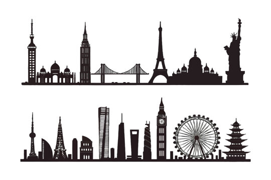 Iconic Global Skylines: A striking compilation of celebrated global cityscapes, presenting renowned architectural marvels from various continents, ideal for illustrating travel, culture.