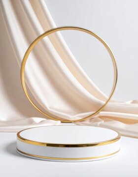 White and Gold Product Display with Silk Drape
