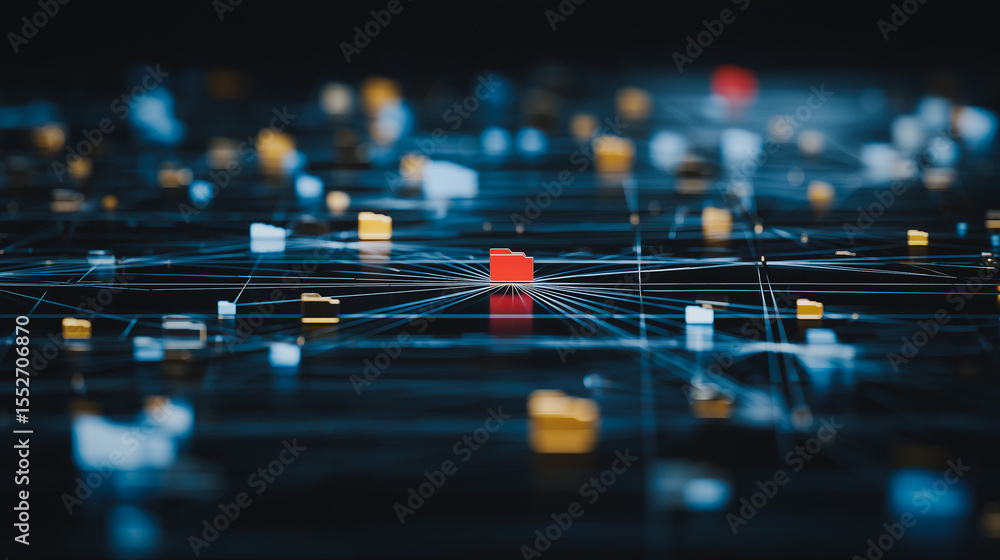 Poster digital network: an abstract depiction of a digital network. cubes are connected by lines, forming a