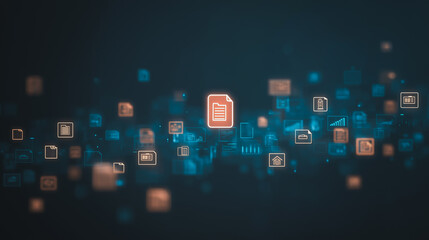 Fototapeta premium Glowing digital document and file icons in network stream