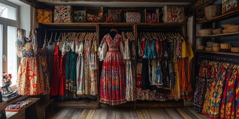 Fototapeta premium Rack of colorful traditional dresses on hangers in a boutique, arranged by color and pattern, viewed from side. Generative by AI.