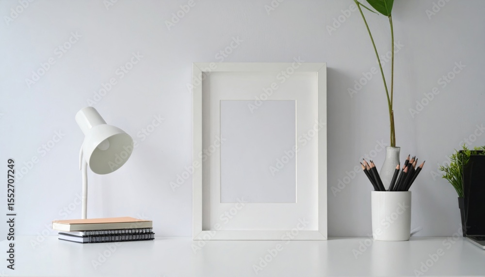 Poster white minimalist desk mockup with empty frame