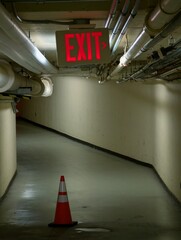 underground parking lot with sign exit