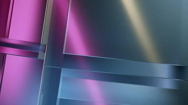 Luxurious tech background of overlapping transparent glass layers with soft parallax motion and a flowing magenta, blue, and silver gradient light.

