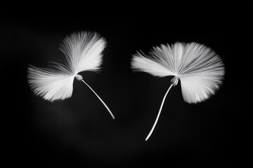 Obraz premium Two dandelion seeds, white and delicate, against black background