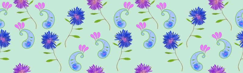 Paisley. Aster. Decorative design element, floral ornament. Seam