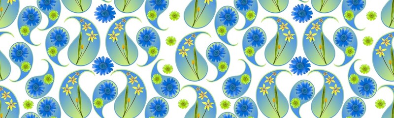 Paisley. Scilla, primroses. Design element, floral ornament. Sea