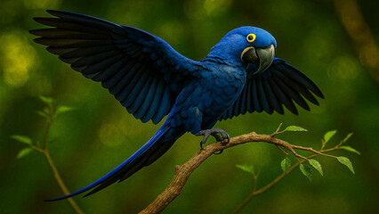 An exotic blue macaw gracefully spreading its wings on a natural tree branch.