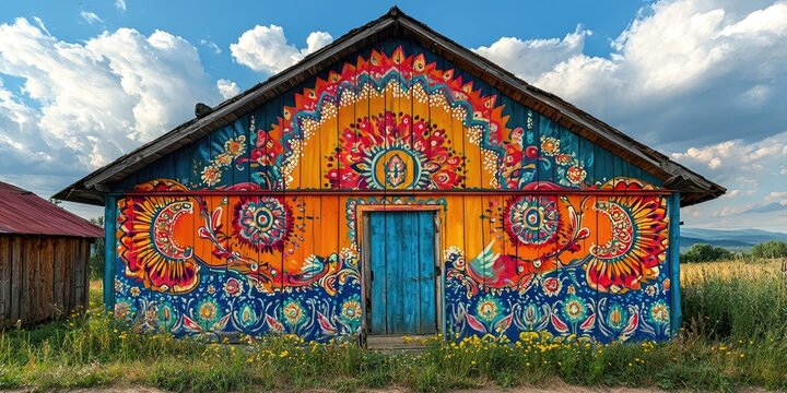 Wooden barn painted with large colorful floral patterns in folk-art style, standing in grassy field under cloudy sky. Generative by AI.