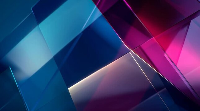 Luxurious tech background of overlapping transparent glass layers with soft parallax motion and a flowing magenta, blue, and silver gradient light.

