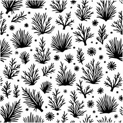 Seamless pattern of decorative plants and flowers in black and white tone
