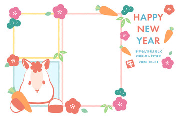 かわいい白馬が窓から顔を出しているカラフルな2026年午年フォト年賀状　白背景
