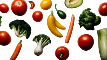 Assortment of fresh vegetables including tomatoes broccoli carrots and avocado arranged on a black background