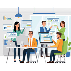Concept vector illustration of businessman's computer work.