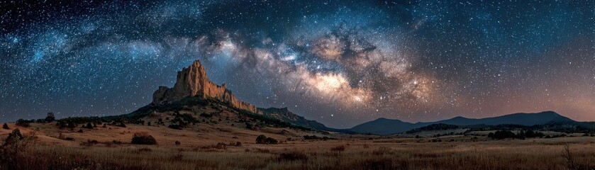 Fototapeta premium A stunning night sky panoramic showcasing the Milky Way galaxy over a rugged mountain peak and vast open landscape.