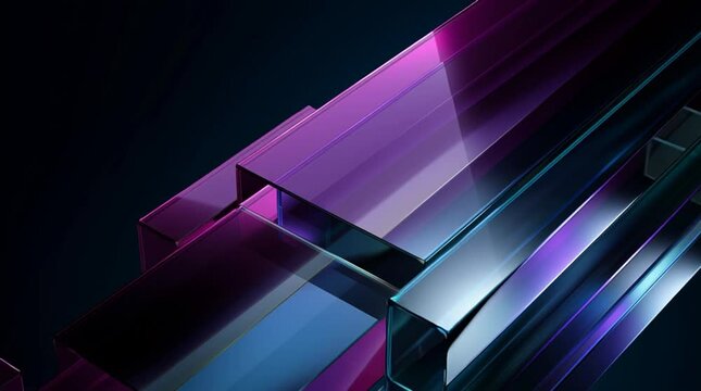 Luxurious tech background of overlapping transparent glass layers with soft parallax motion and a flowing magenta, blue, and silver gradient light.

