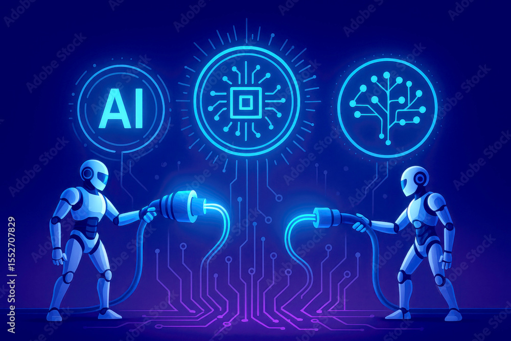Poster two robots connecting ai circuitry neural network data processing blue neon technology