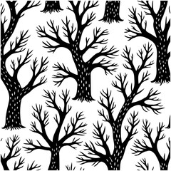 Seamless pattern of bare trees in black and white for textile or wallpaper