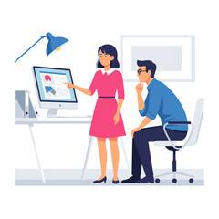 Concept vector illustration of businessman's computer work.