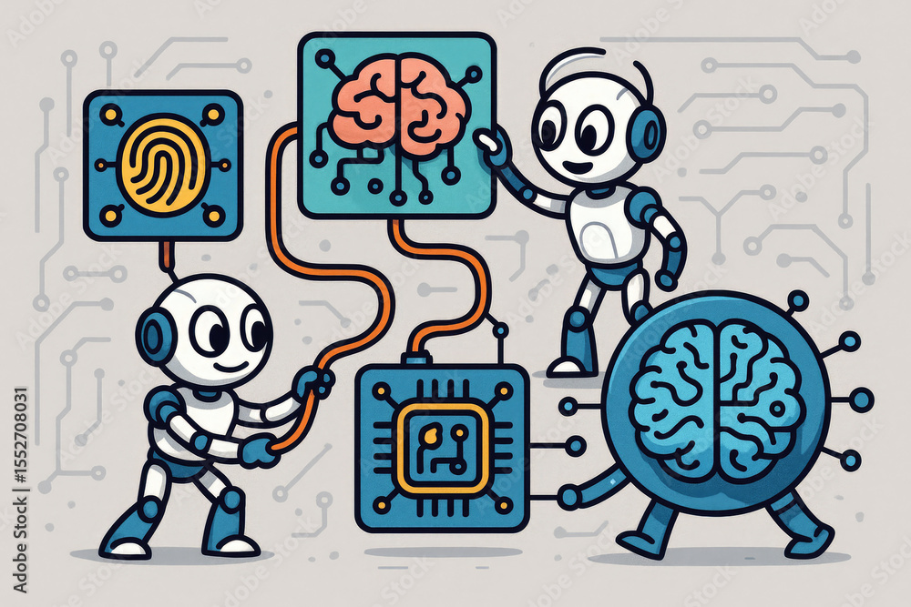 Poster two robots connecting brain circuit board fingerprint and microchip components artificial intelligen