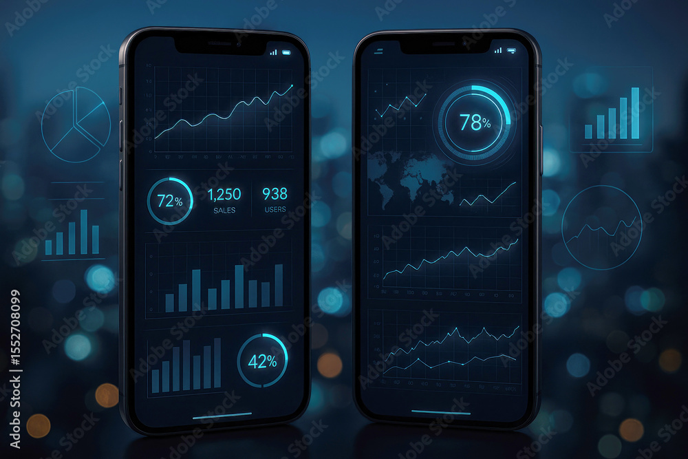 Poster Two Smartphones Displaying Business Analytics Data Graphs Charts Sales Users Percentage Metrics Dark Blue Background