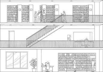 Library interior section drawing, students reading books, academic environment, bookshelf elevation, modern study area, educational architecture, quiet learning space

 flat vector illustration