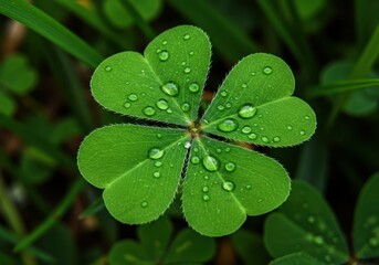 A closeup view of a fourleaf clover with water droplets on its leaves