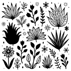 Elegant Hand-Drawn Botanical Vector Illustration with Assorted Leaves and Flowers